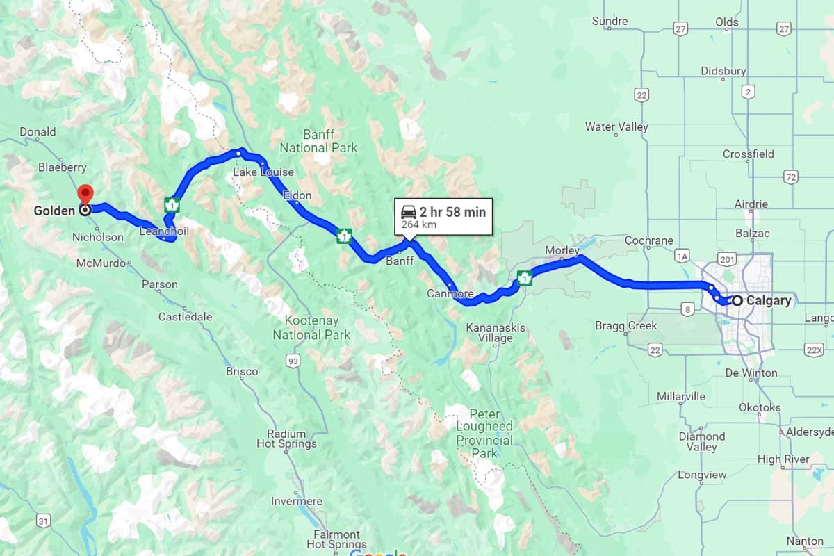 Calgary to Golden road trip map Canada