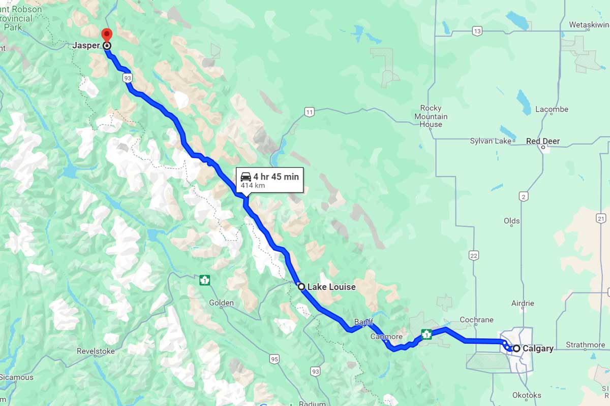 Calgary to Jasper road trip map Canada