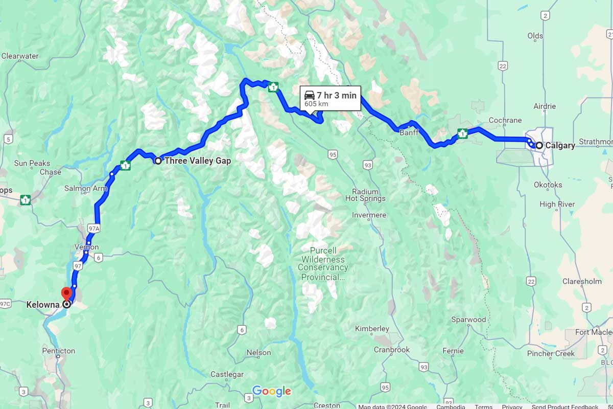 Calgary to Kelowna road trip map Canada