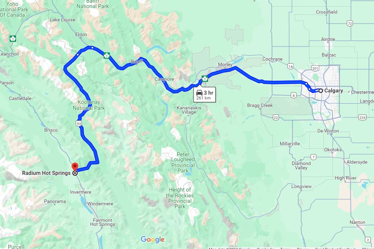 Calgary to Radium road trip map Canada