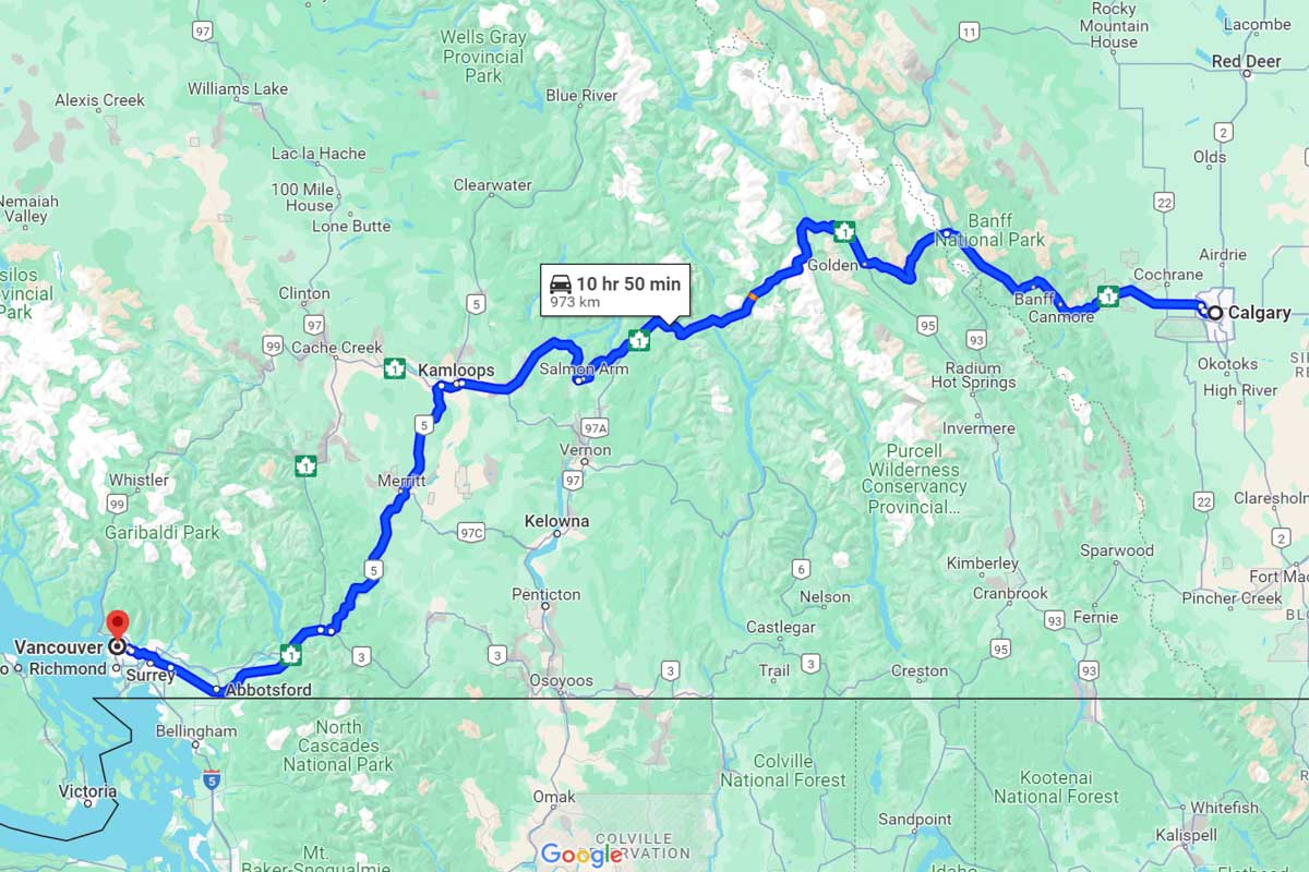 Calgary to Vancouver road trip map Canada