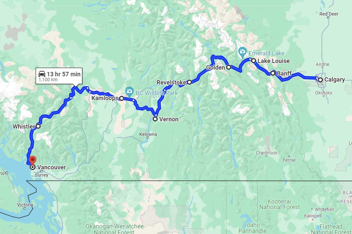 Calgary to Vancouver roadtrip map