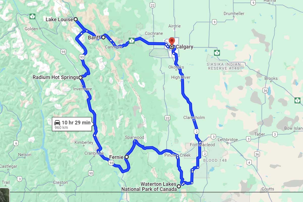 Calgary to Waterton Lake National Park to Fernie to Radium Hot Springs to Lake Louise to Banff back to Calgary roadtrip map