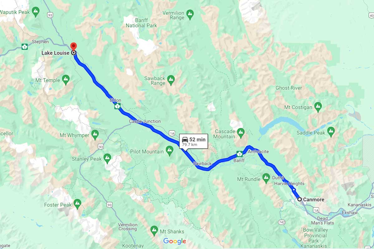 Canmore to Lake Louise road trip map Canada