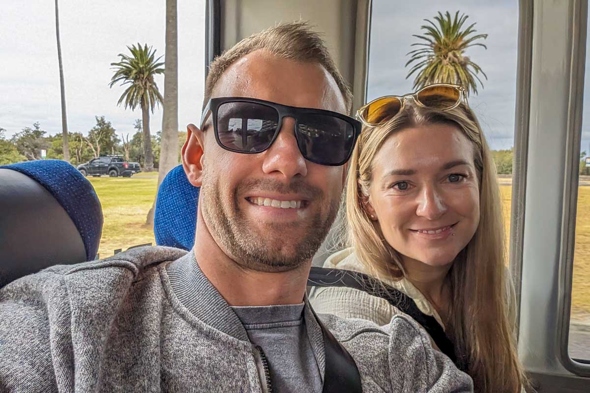 Daniel and Bailey on the Go West Tour bus to Phillip Island during a Penguin tour near Melbourne Australia