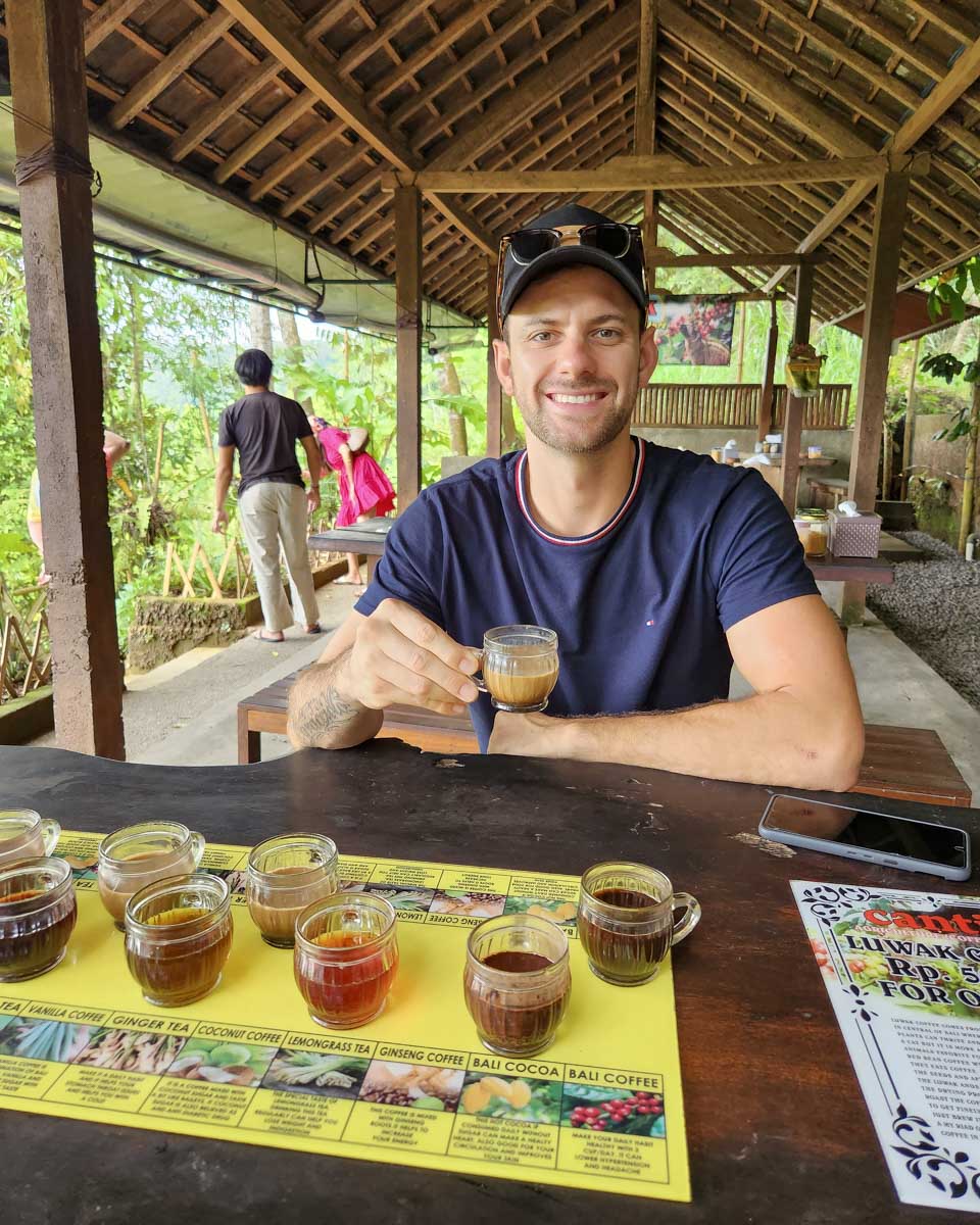 Daniel enjoyying a coffee tasting at um pakel plantation on the instagram tour bali