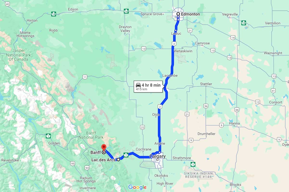 Edmonton to Banff road trip map Canada
