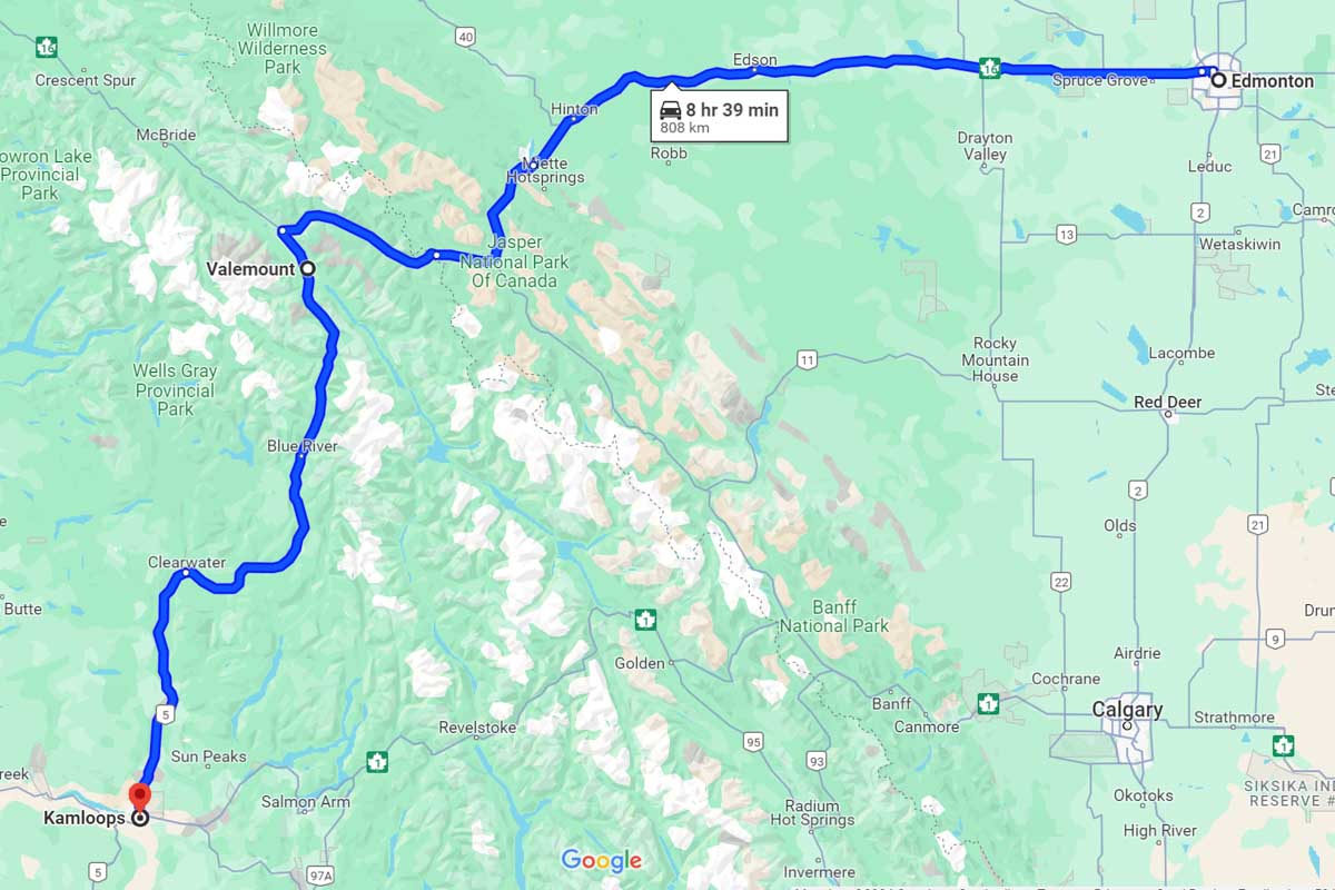 Edmonton to Kamloops road trip map Canada