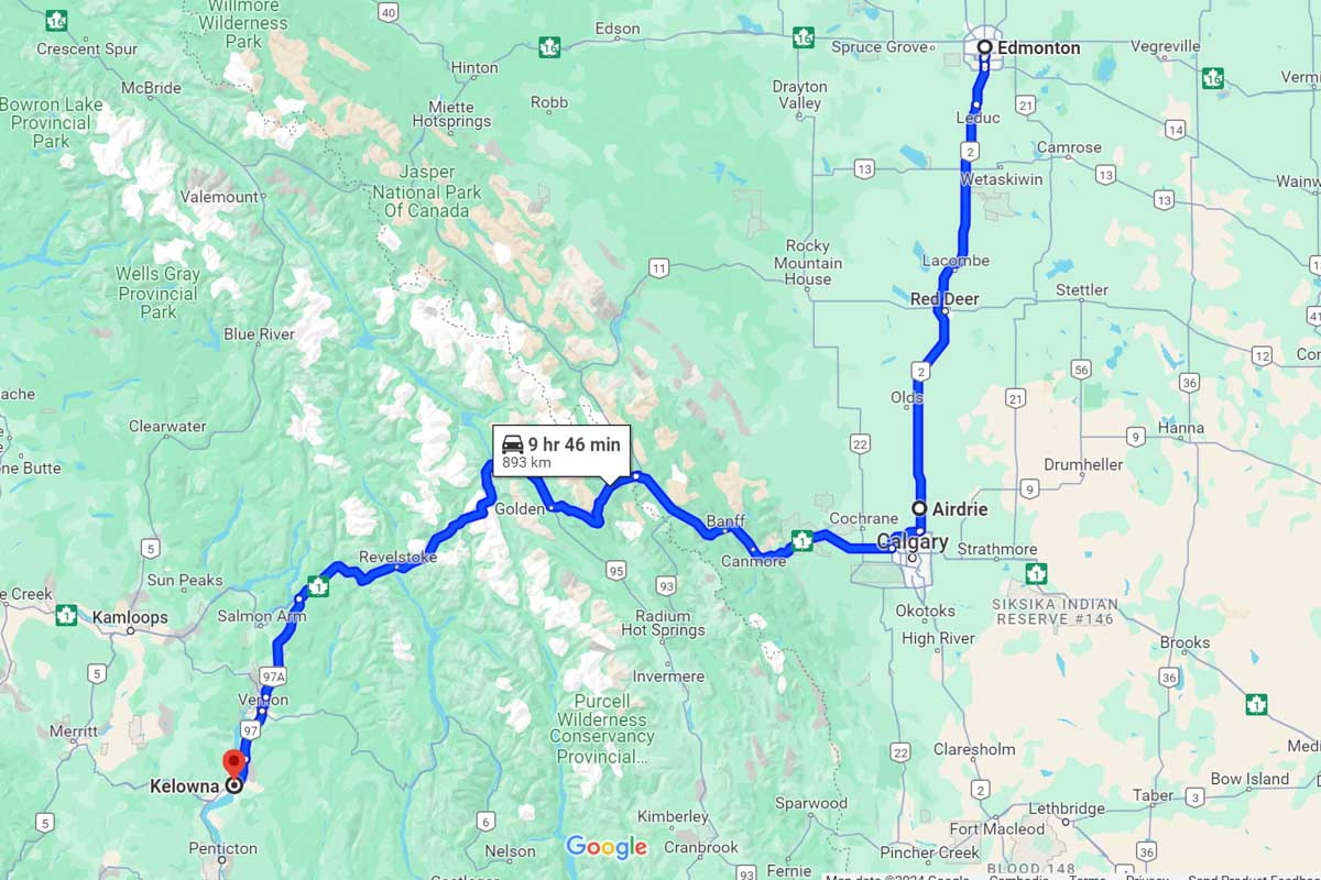 Edmonton to Kelowna road trip map Canada