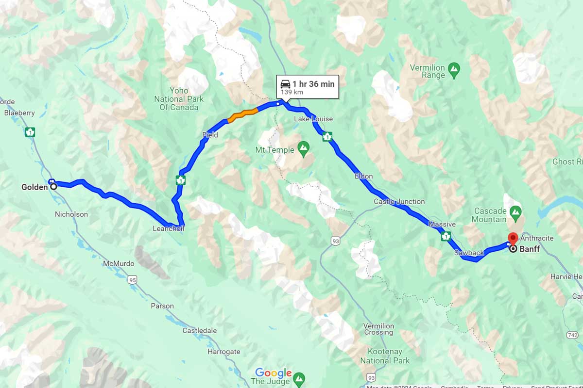 Golden to Banff road trip map Canada