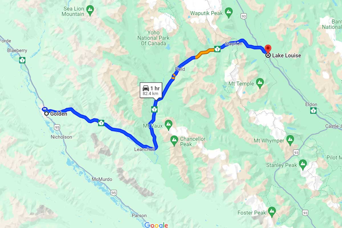 Golden to Lake Louise road tripmap Canada