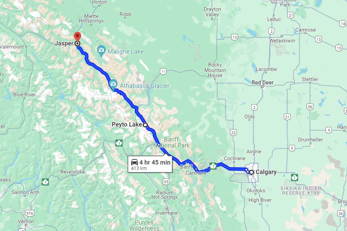 Icefields Parkway Calgary to Jasper roadtrip map
