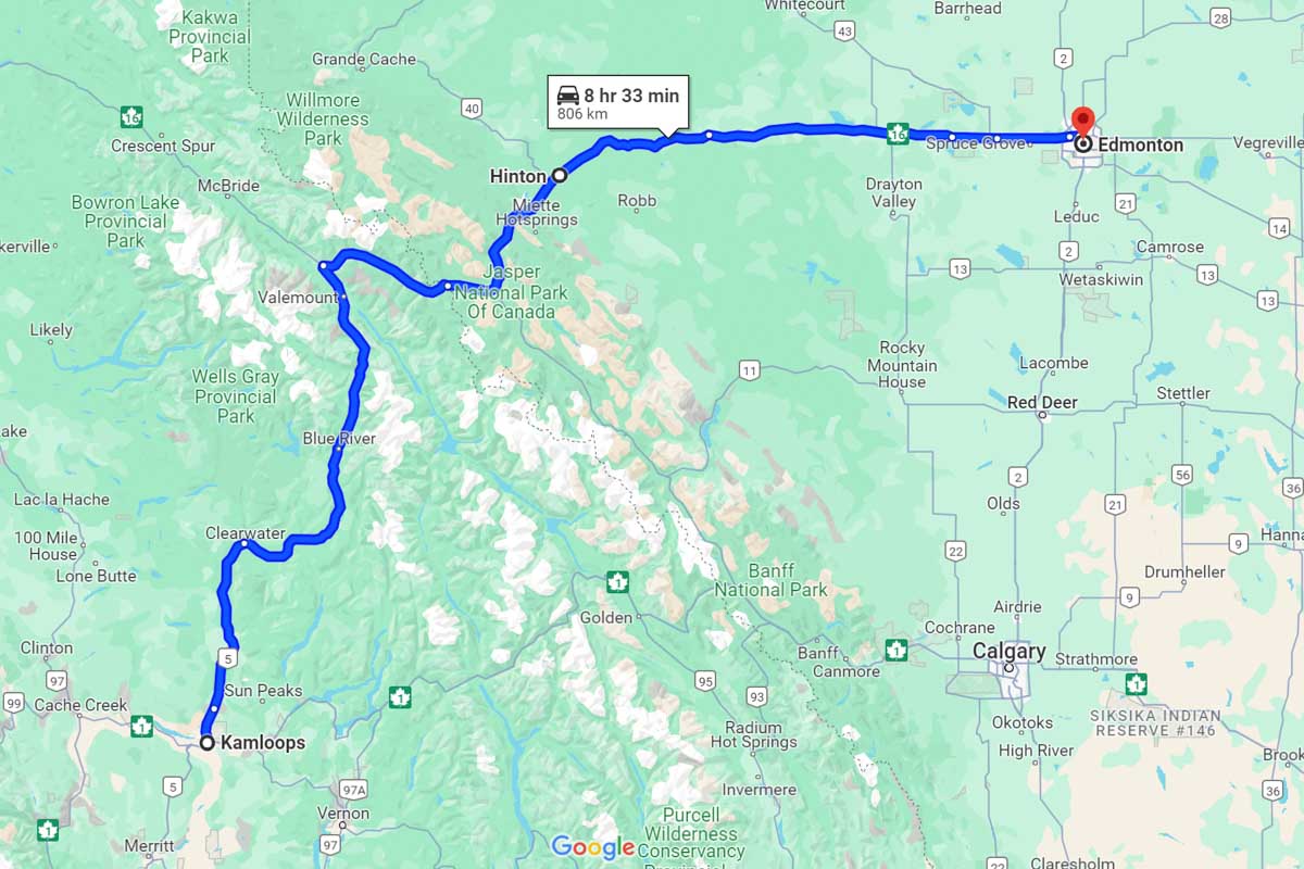 Kamloops to Edmonton road trip map Canada