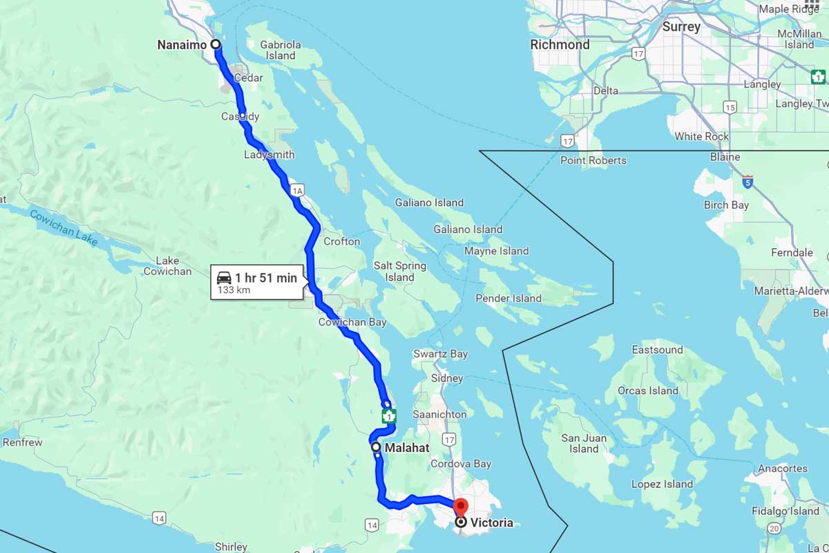 Nanaimo to Victoria road trip map Canada