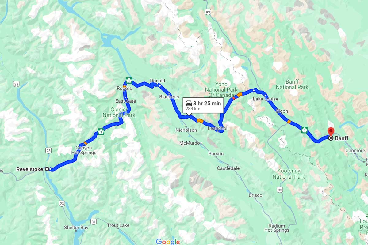 Revelstoke to Banff road trip map Canada