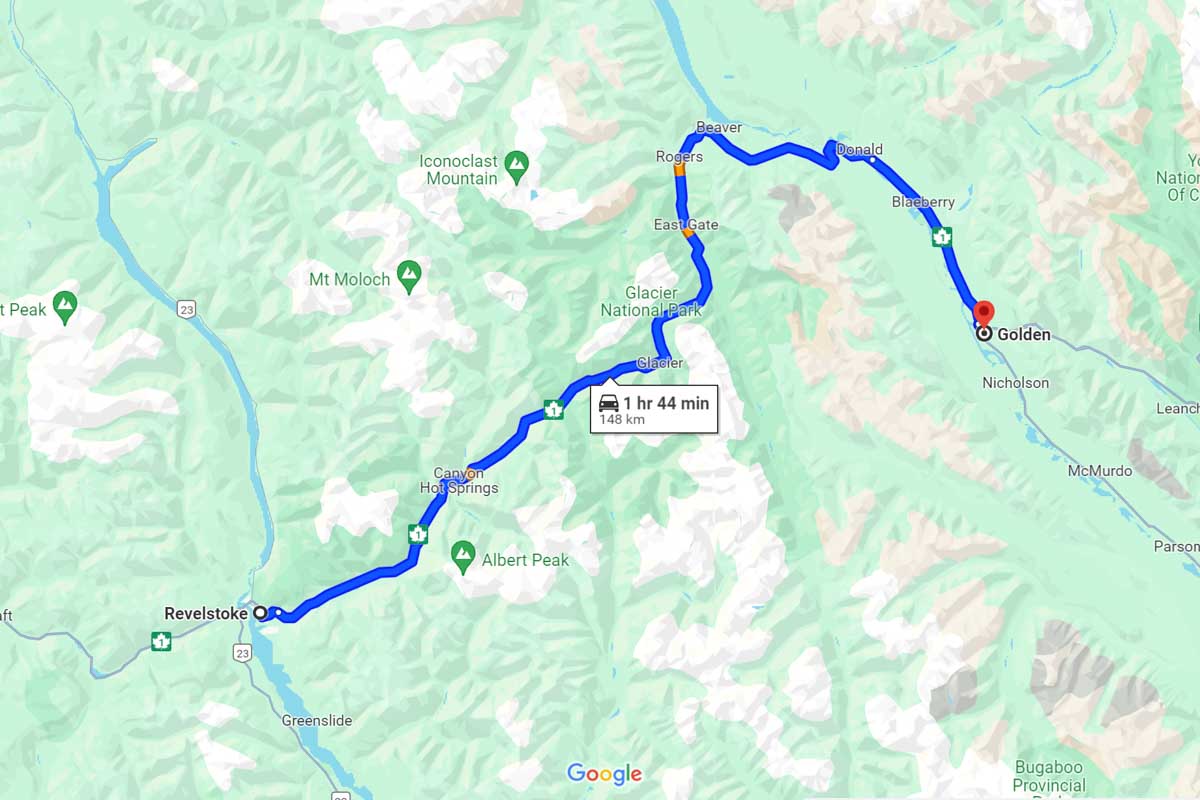 Revelstoke to Golden road trip map Canada