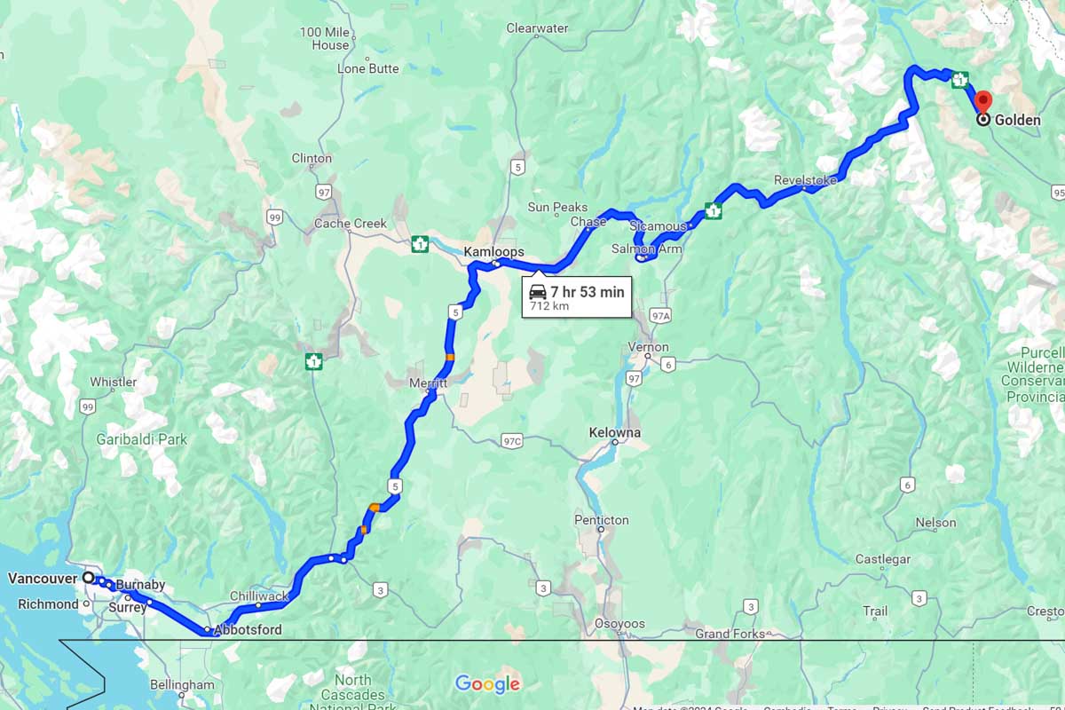 Vancouver to Golden road trip map Canada