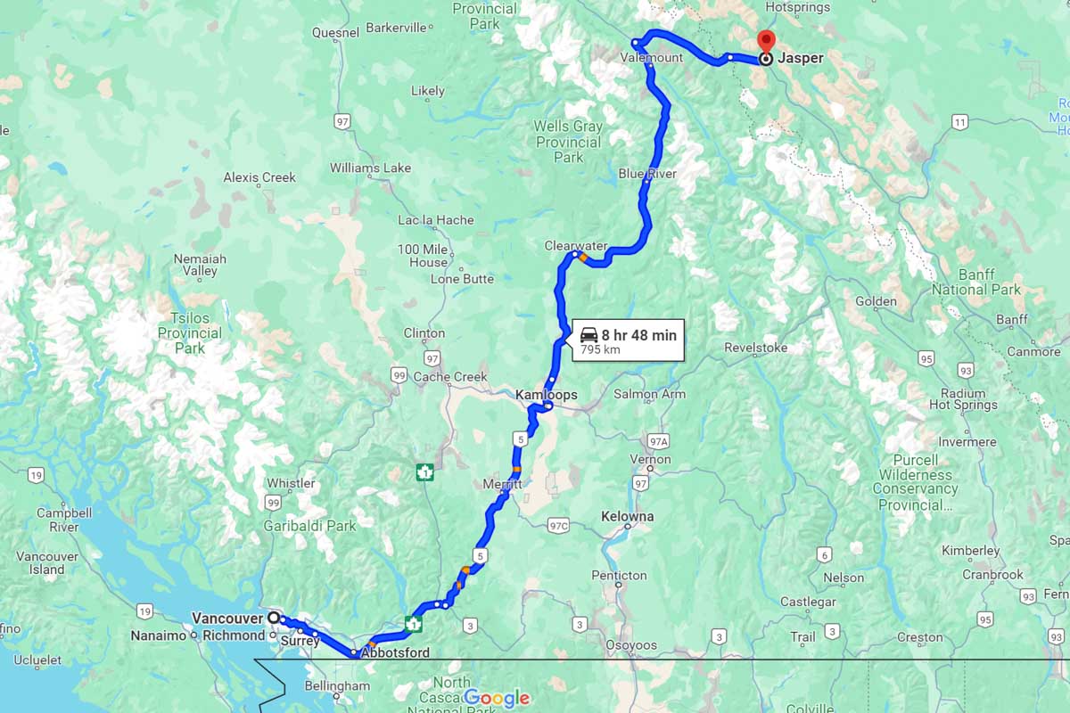Vancouver to Jasper road trip map Canada