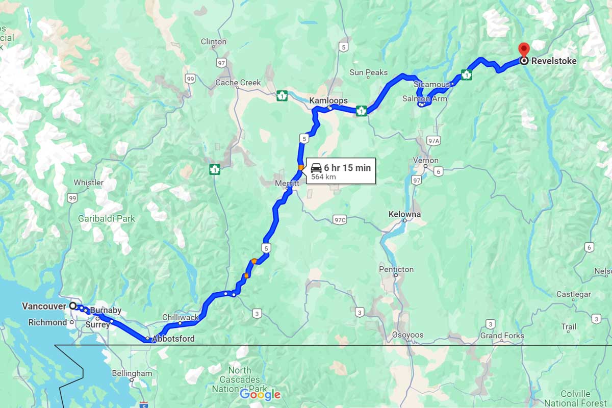 Vancouver to Revelstoke road trip map Canada