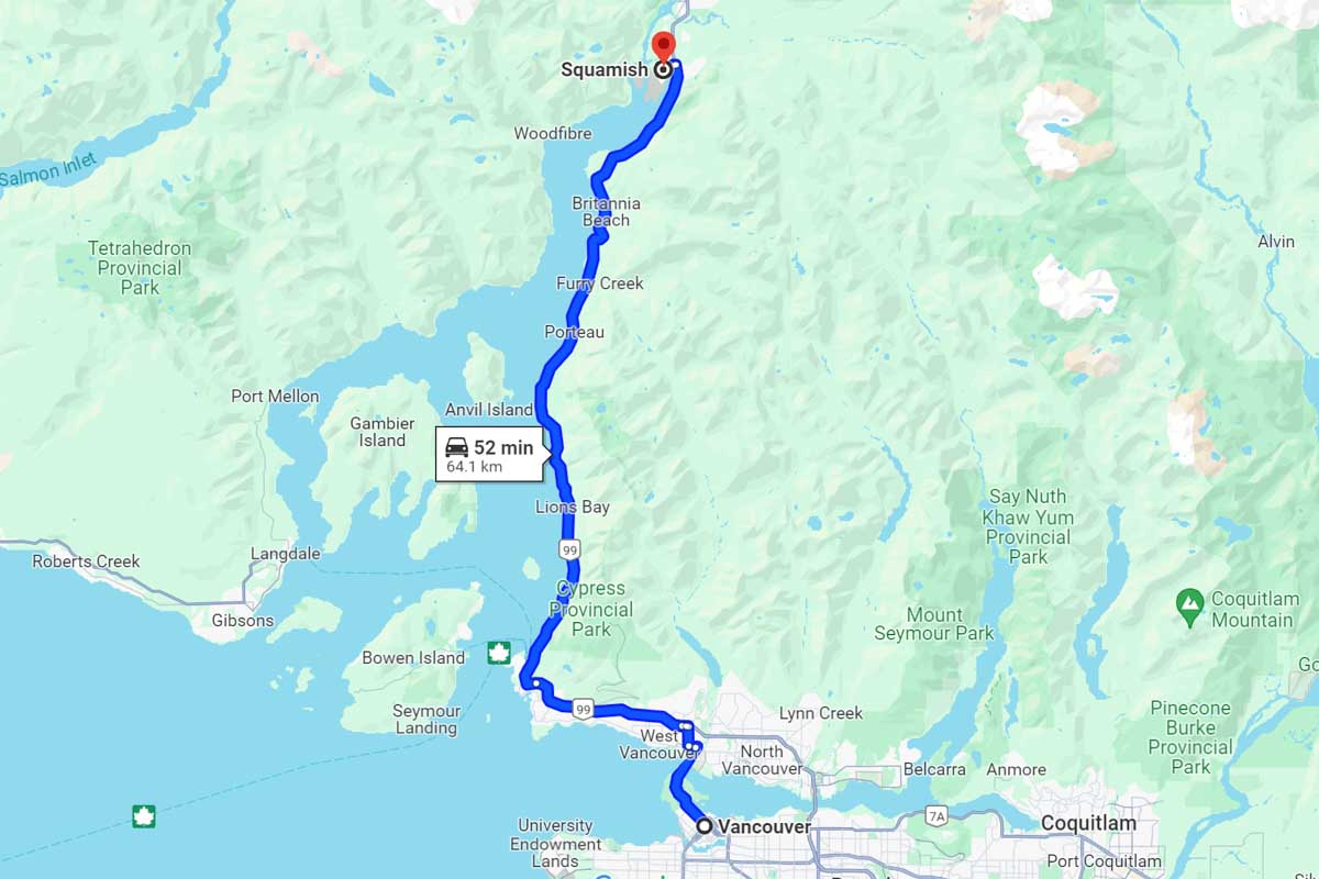 Vancouver to Squamish road trip map Canada