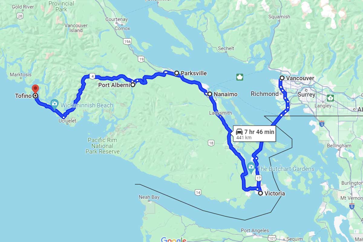 Vancouver to Tofino road trip map