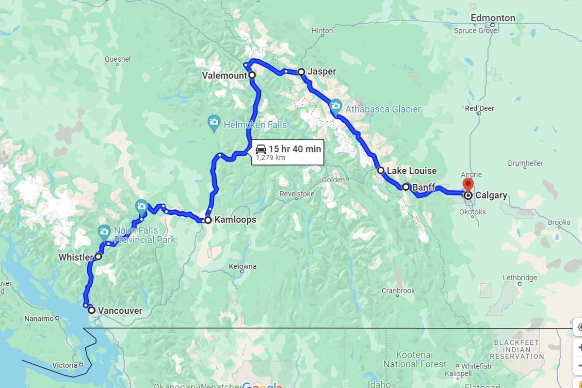 Vancouver to whistler to jasper to calgary road trip map
