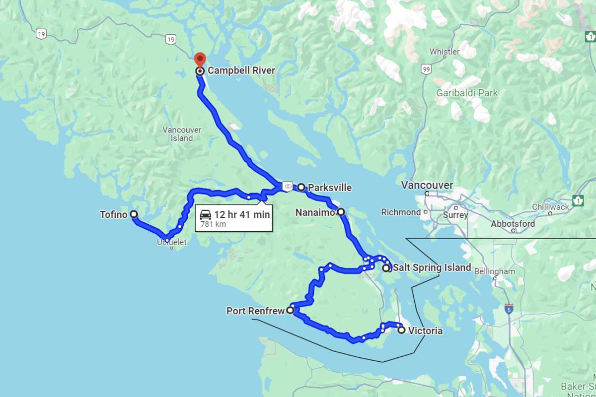 Victoria to Campbell River road trip map