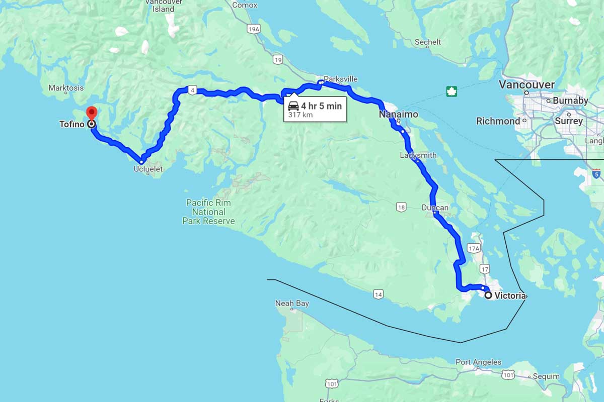 Victoria to Tofino road trip map Canada