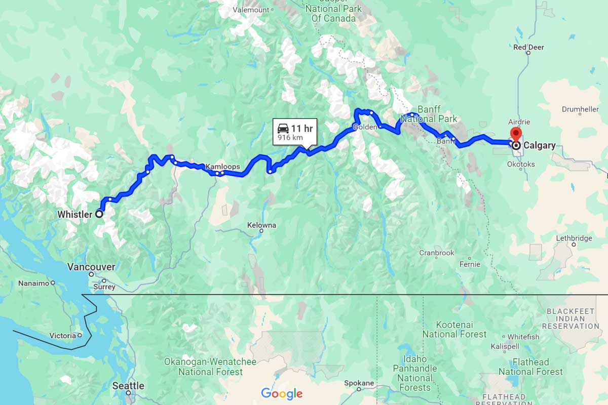 Whistler to Calgary road trip map Canada