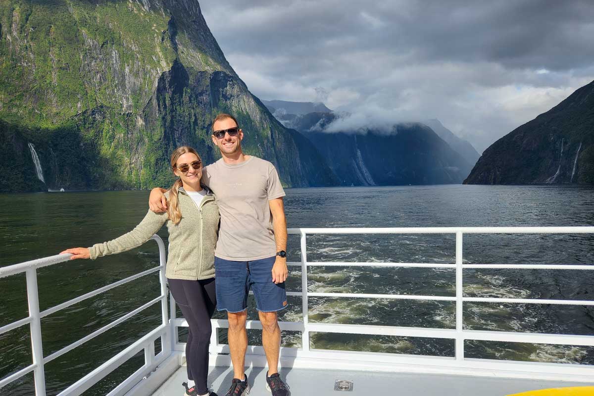 Bailey and Daniel pose on a cruise of the Milford Sound New Zealand