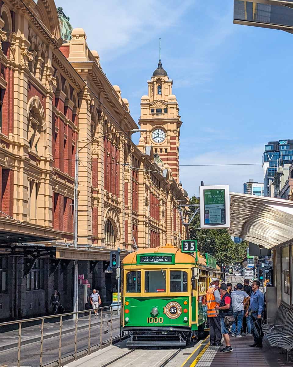 Scenic shot of a tram and train station in Melbourne Australia