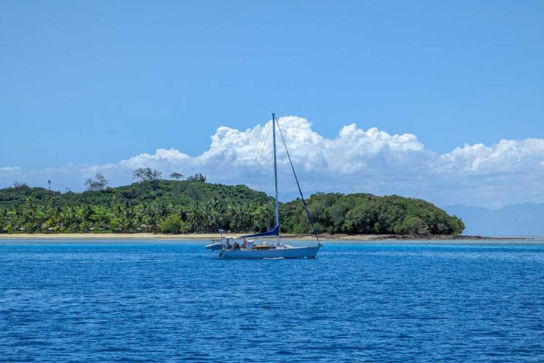 A boat in the water seen while on a multi day cruise in Fiji