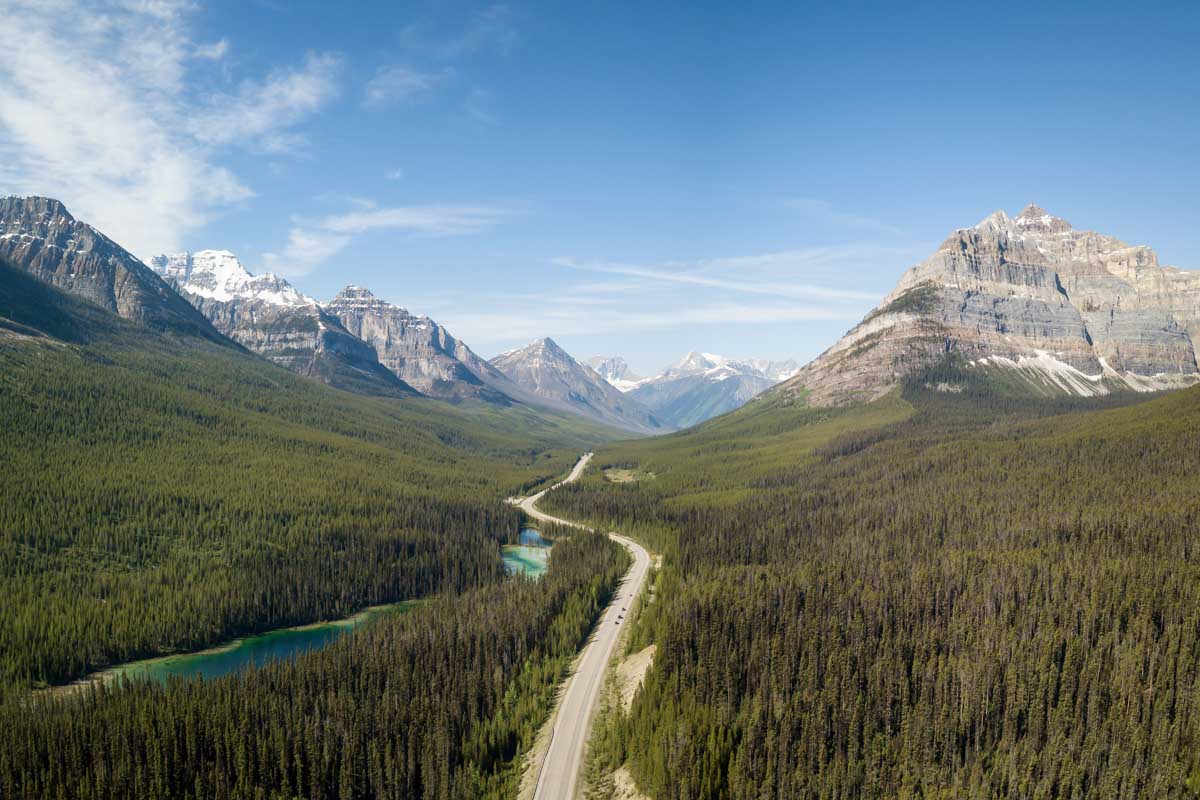 Arial shot of a road from Calgary to Lake Louise Canada