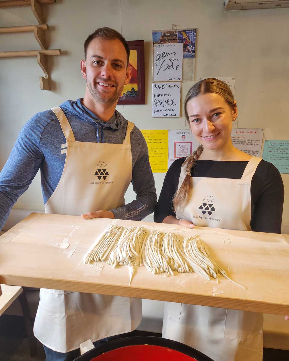 Bailey and Daniel pose after making noodles on a klook tour in Japan