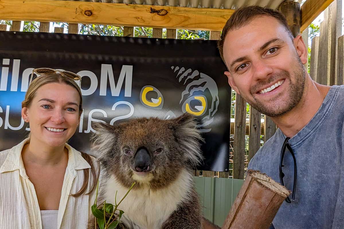 Bailey-and-Daniel-smile-with-a-koala-at-the-moonlit-sanctuary-on-phillip-island-during-a-go-west-penguin-tour-near-melbourne-australia through get your guide