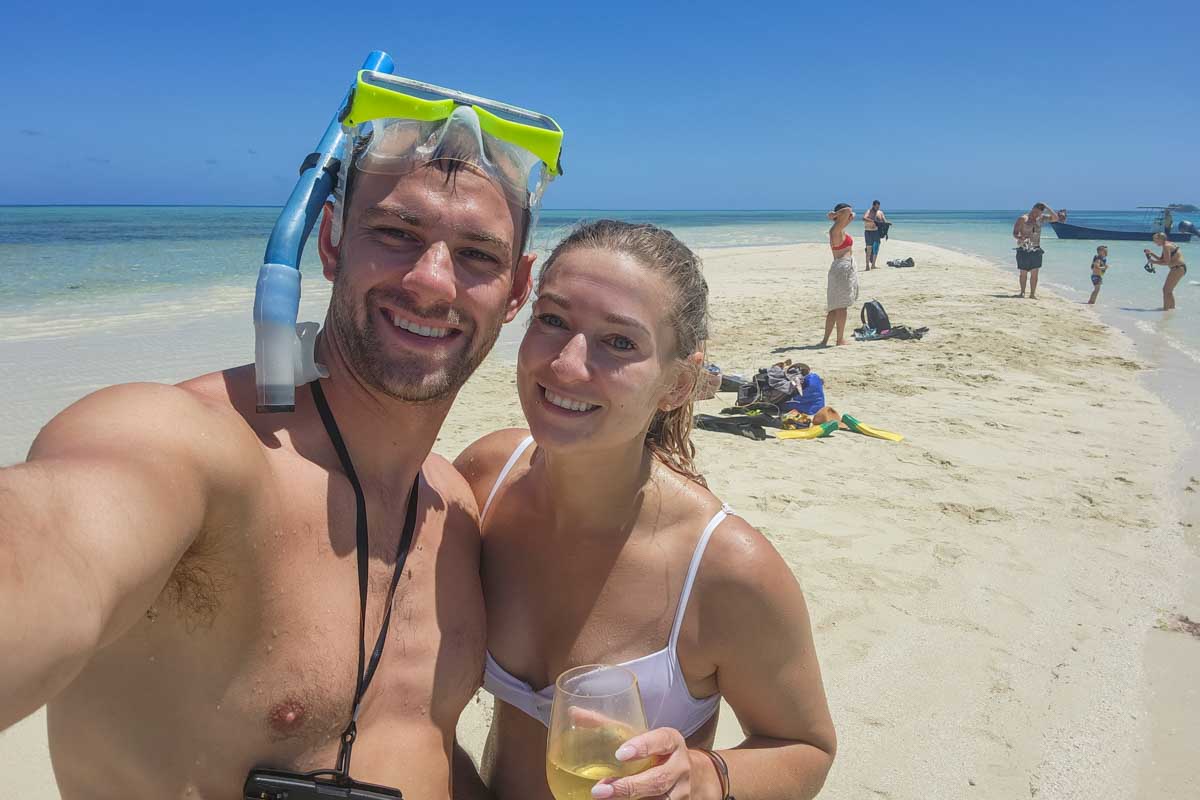 Bailey-and-Daniel-take-a-selfie-on-a-sandbar-while-on-the-South-Sea-Sailing-Full-Day-Cruise-in-Fiji through get your guide