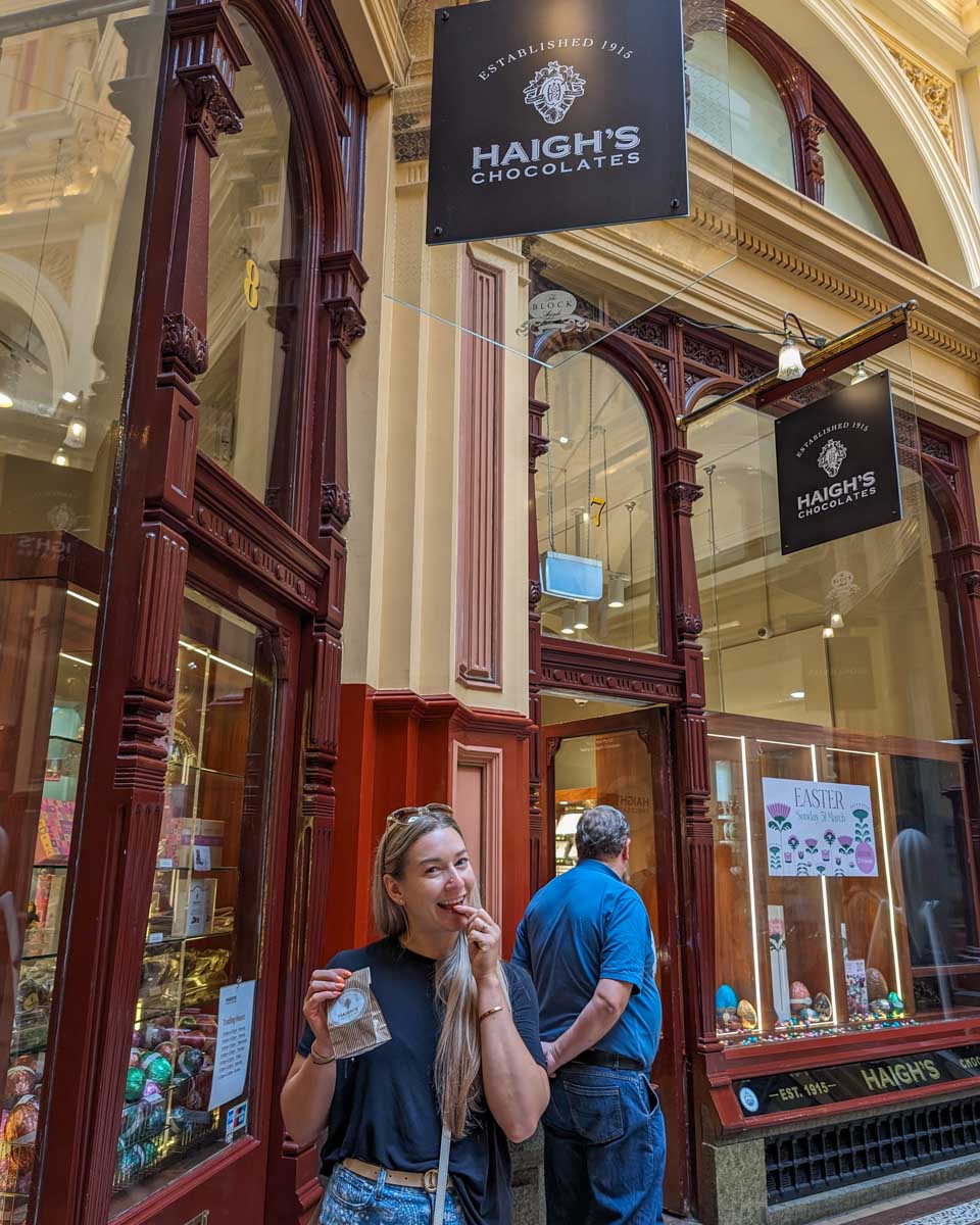 Bailey tastes Haigh’s Chocolate in Melbourne Australia on a guided tou