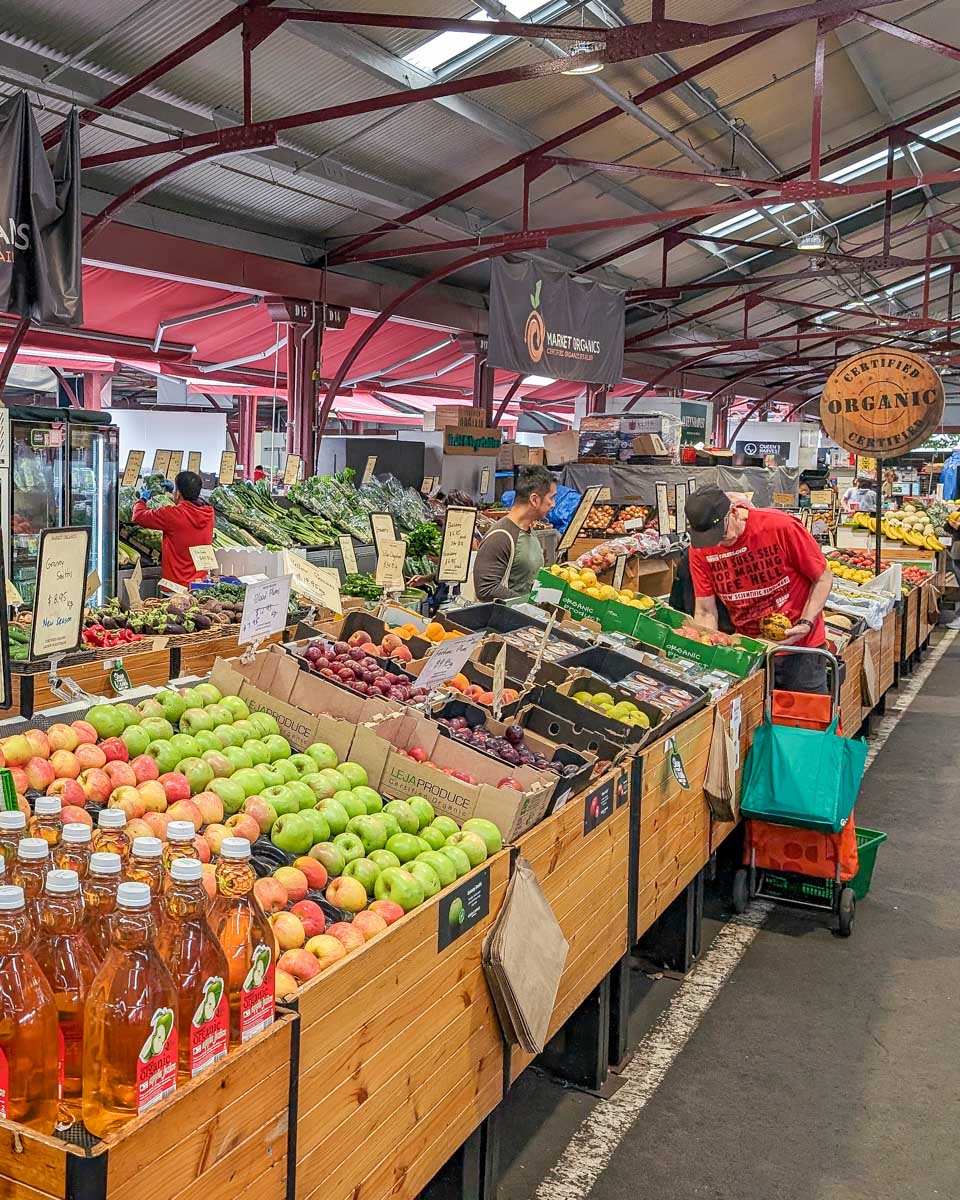 A side shot of a fruit stand at the Queen Victoria Market in Melbourne Australia