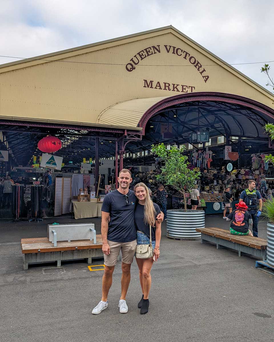 Bailey and Daniel pose for a picture in front of the Queen Victoria Market Melbourne Australia