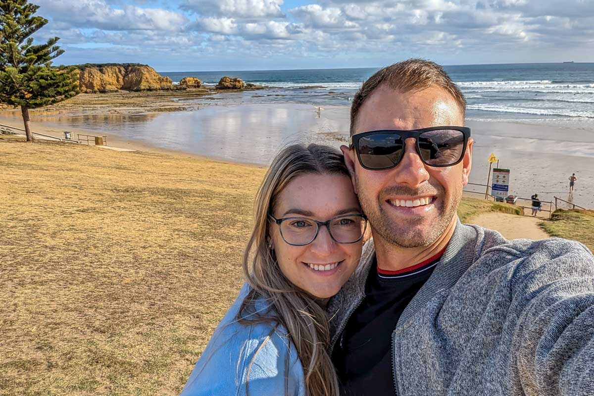 Bailey and Daniel take a selfie at Bells Beach on the Great Ocean Road