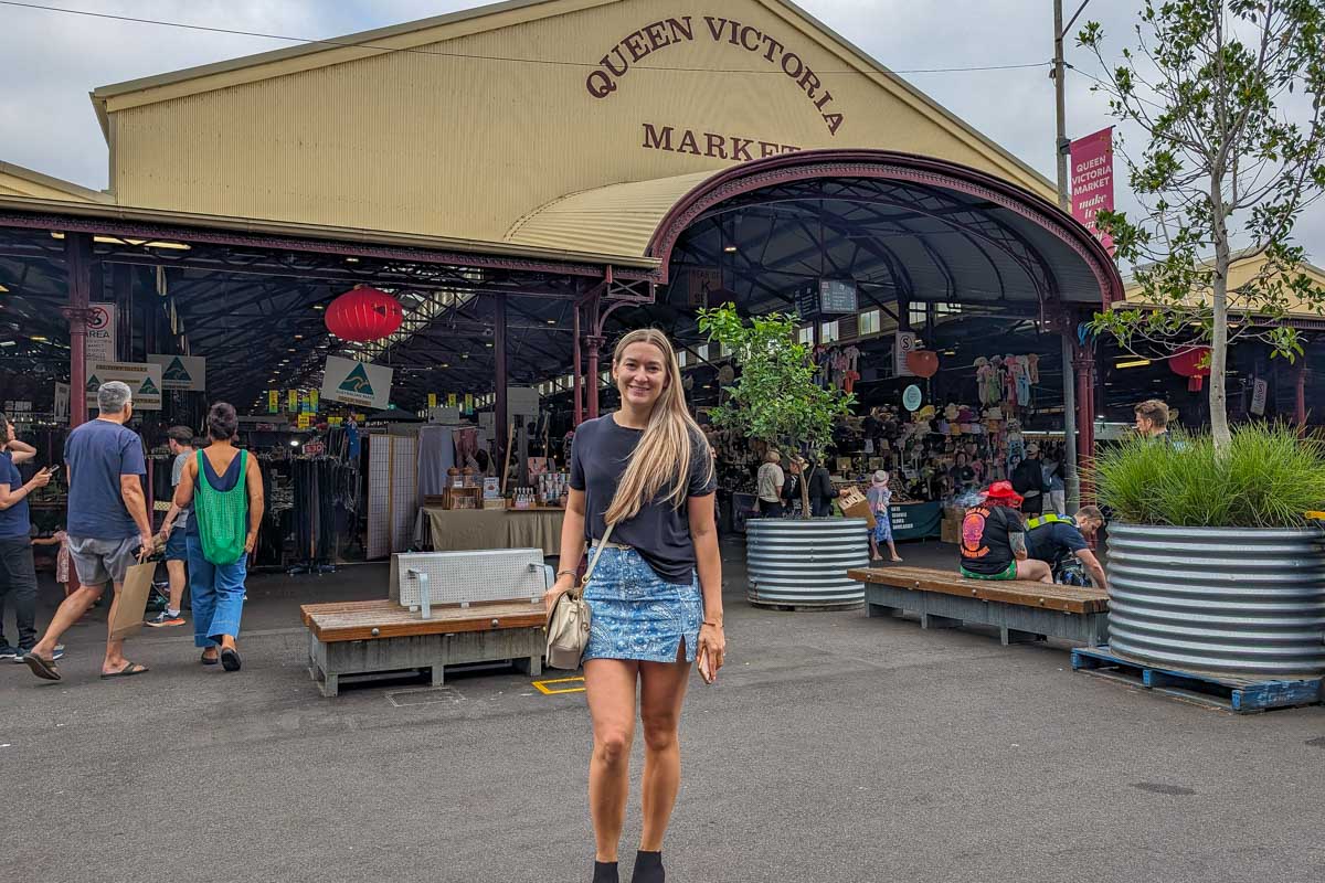 Bailey poses for a picture in front of the Queen Victoria Market in Melbourne Australia