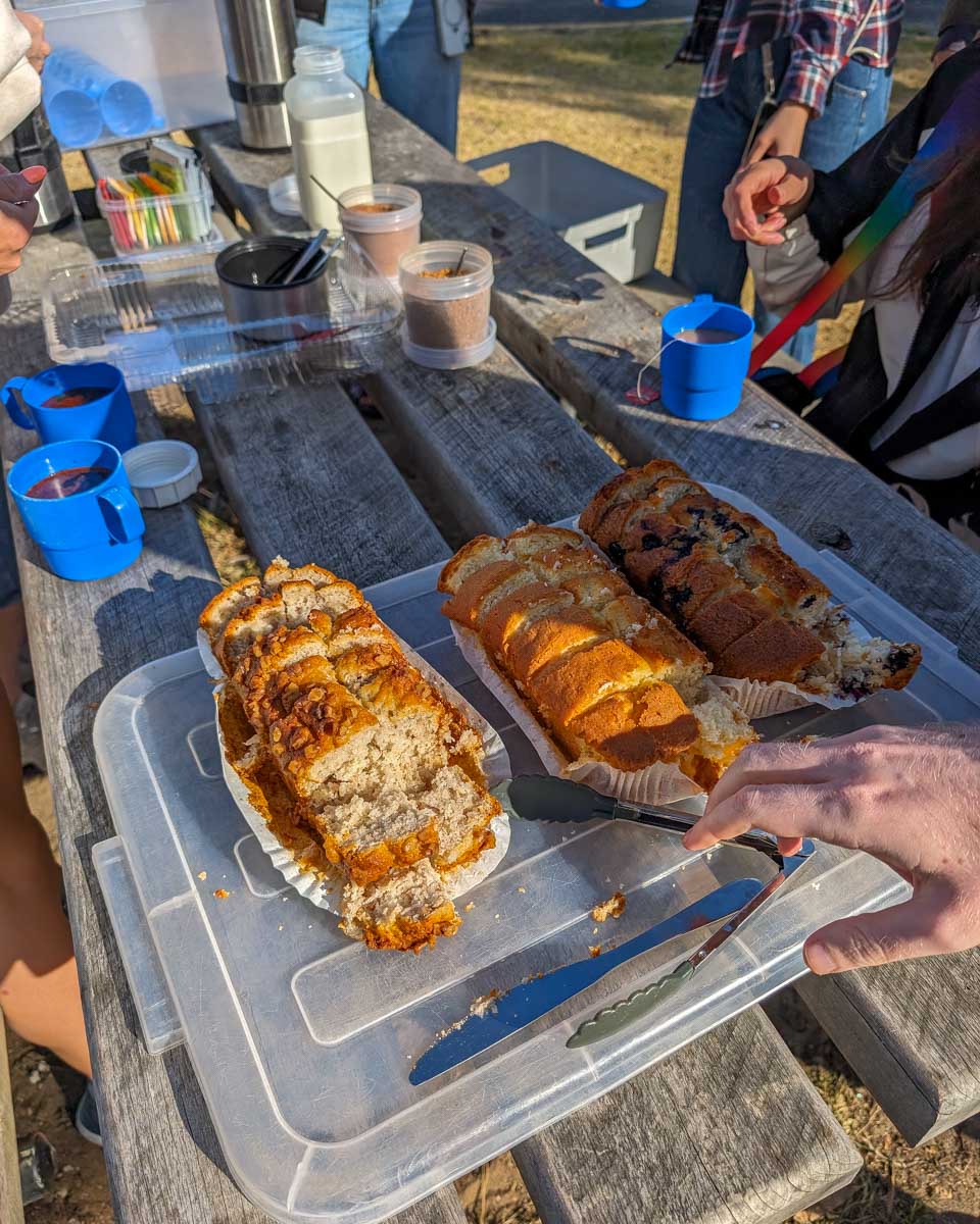 Breakfast cake and coffee on a tour of the Great Ocean Road at Bells Beach