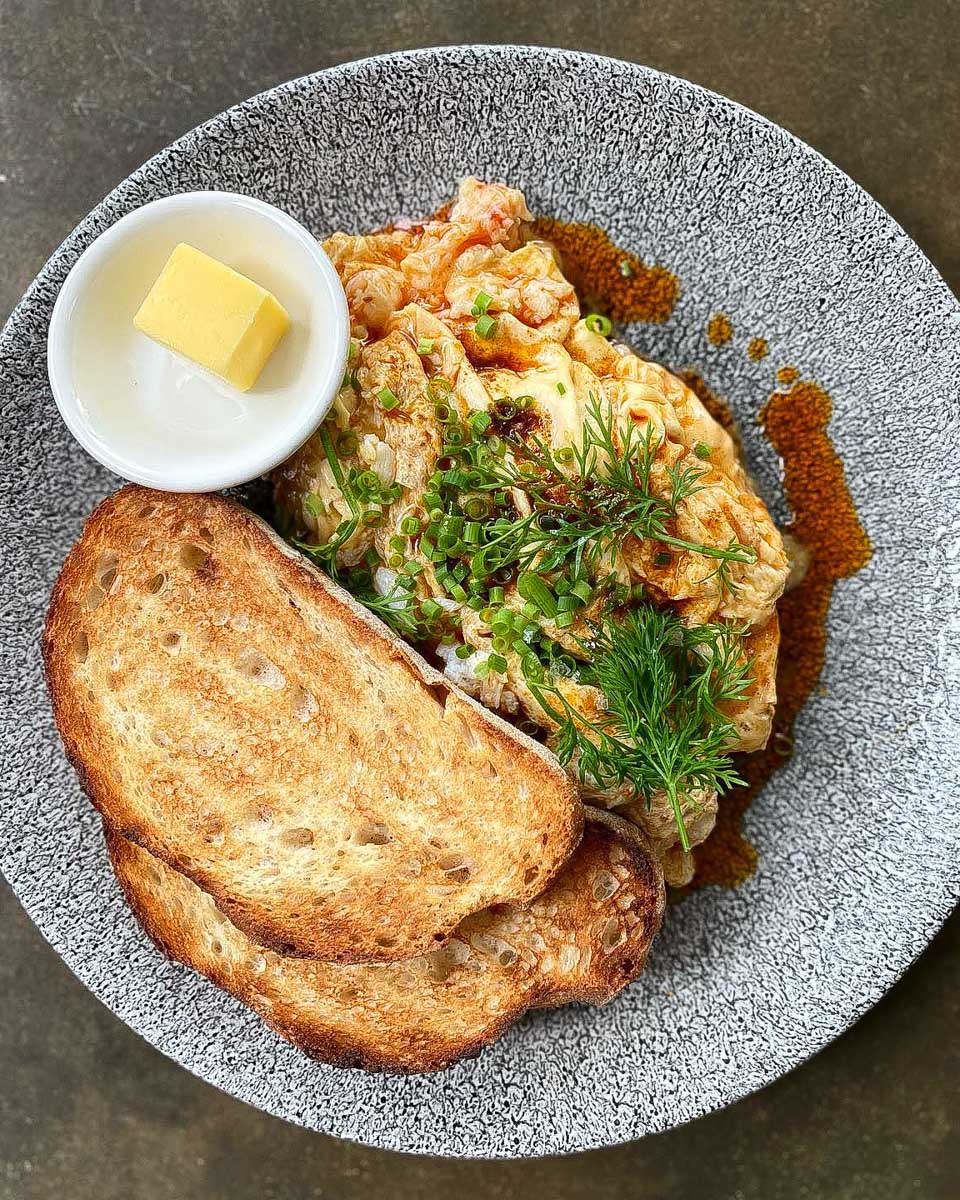 Chili Crab scrambled eggs at Mount Street Breakfast Bar in Perth Austrlia