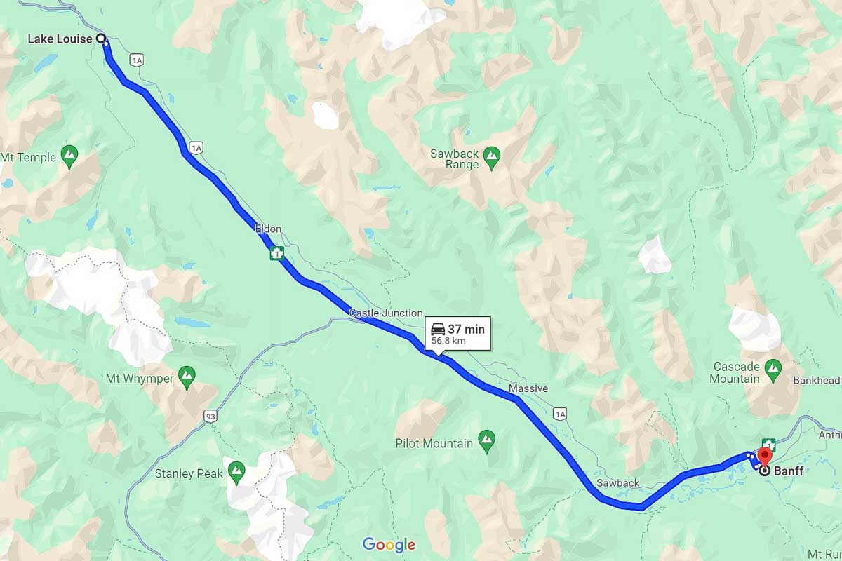 Lake Louise to Banff road trip map Canada British Columbia_