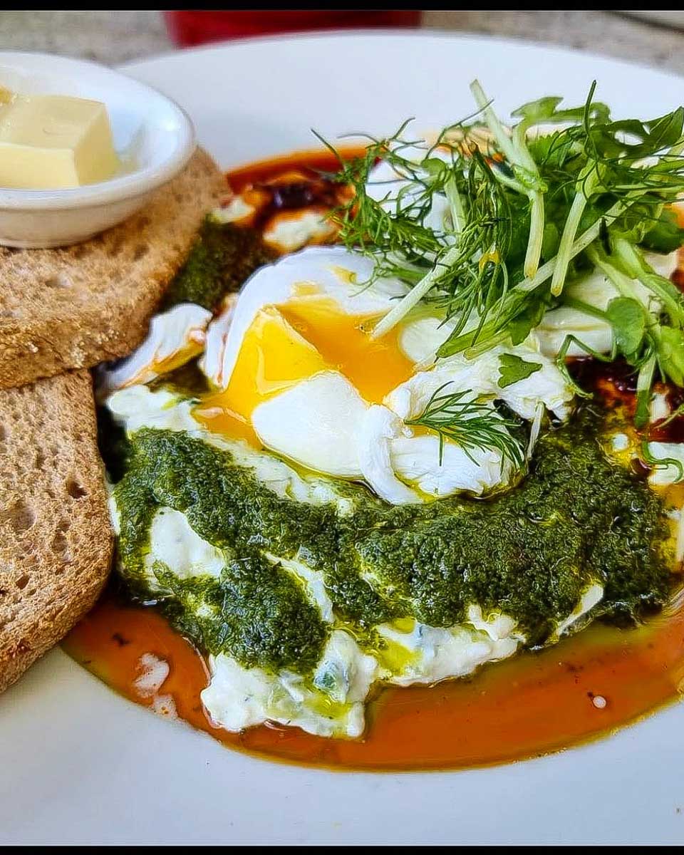 Turkish Poached eggs at Mount Street Breakfast Bar in Perth Austrlia