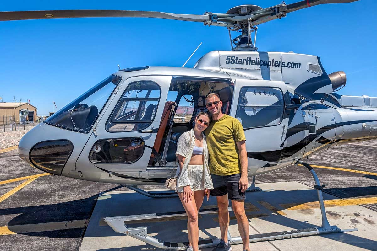 Bailey and Daniel by the helicopter on a tour to the Grand Canyon from Las Vegas