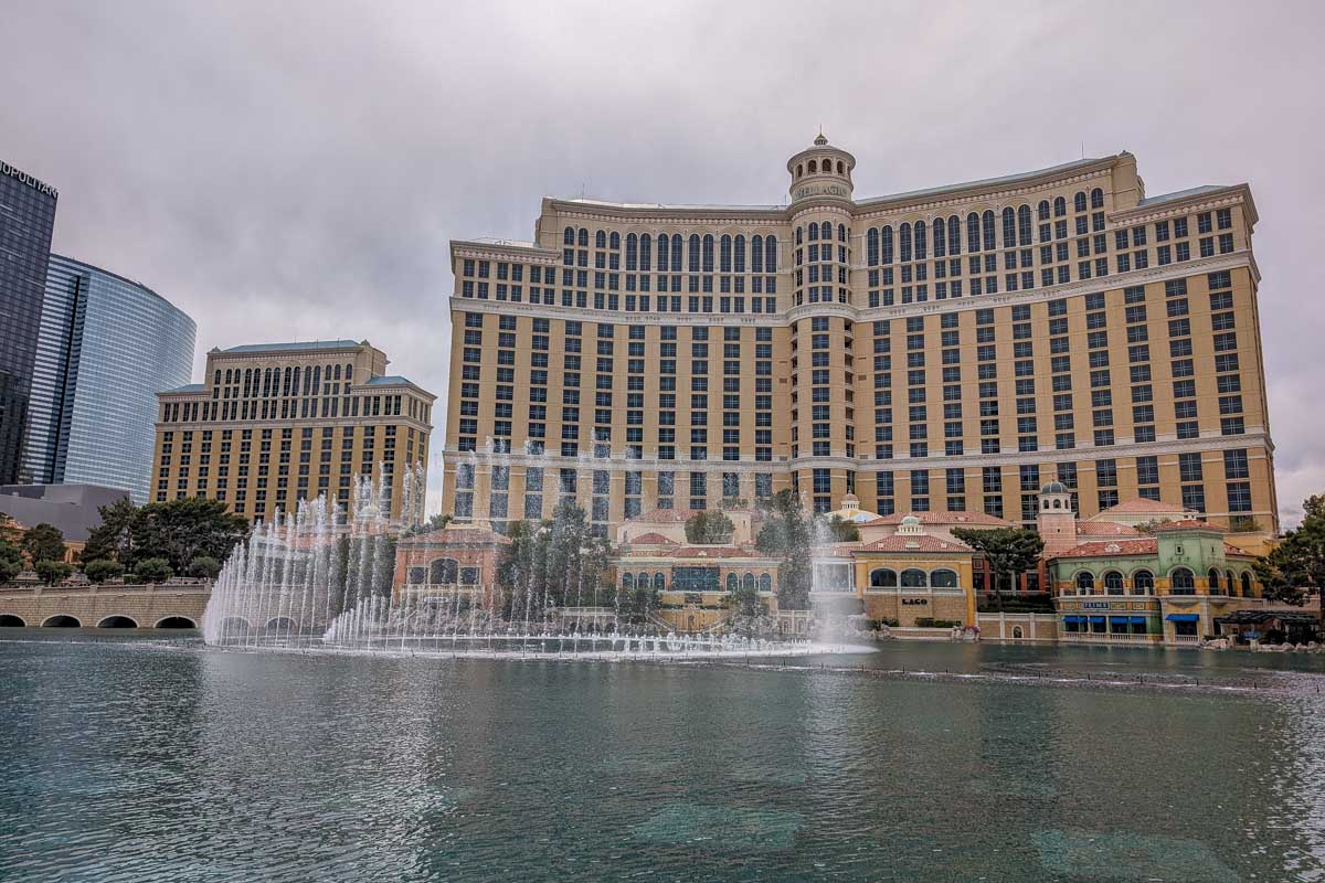 The Bellagio Fountain outside of the Bellagio hotel in Las Vegas USA