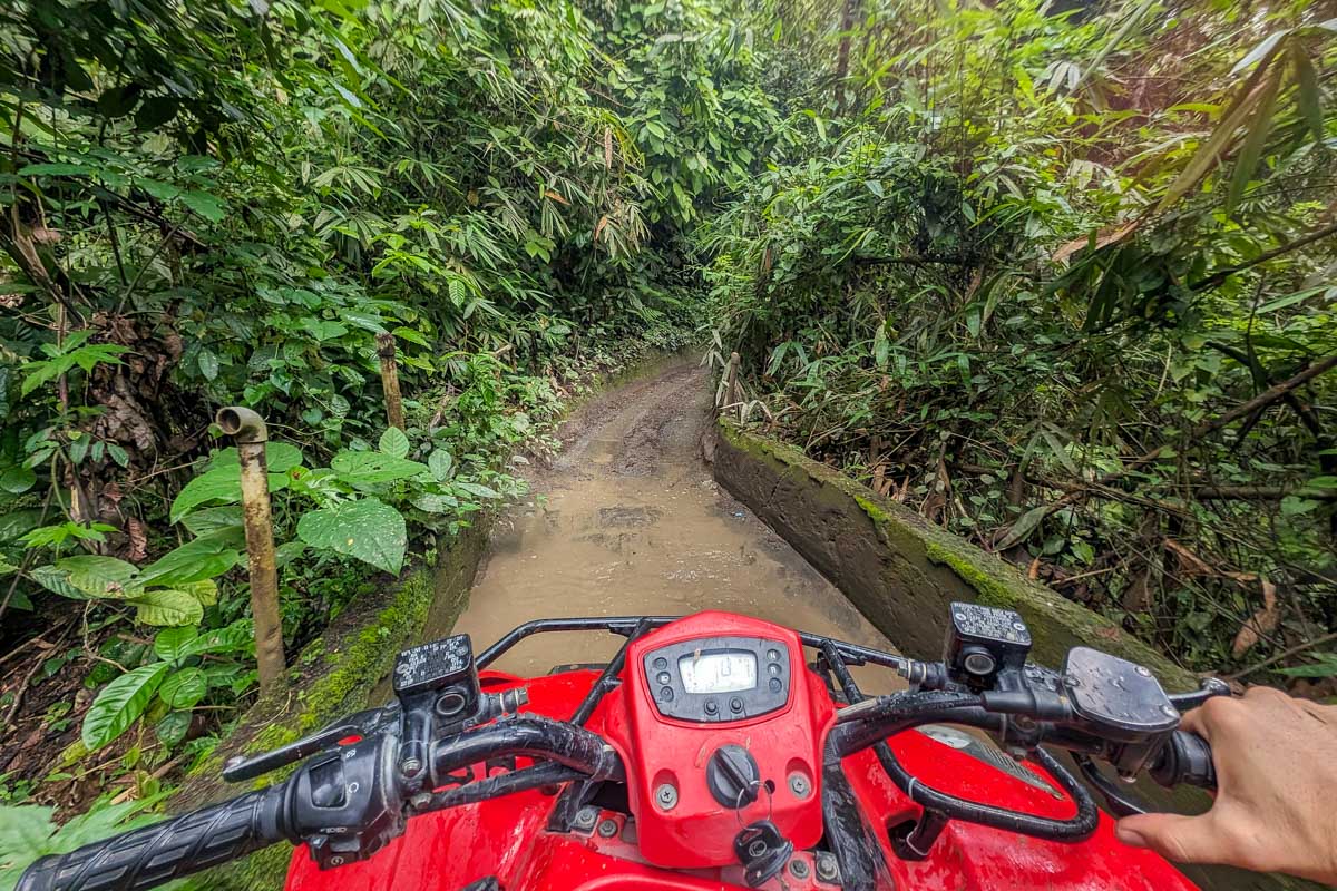 A person rides an ATV through the jungle on a tour in Bali