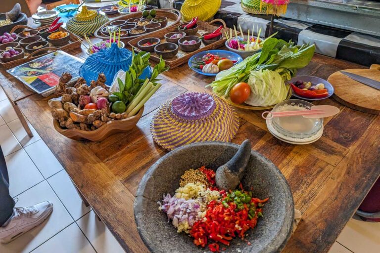 A table with ingredients ready to use during a cooking class in Ubud Bali