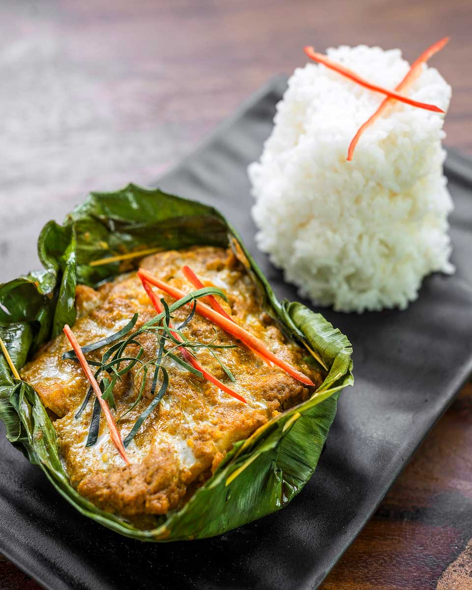 Fish Amok made during cooking class in Siem Reap Cambodia